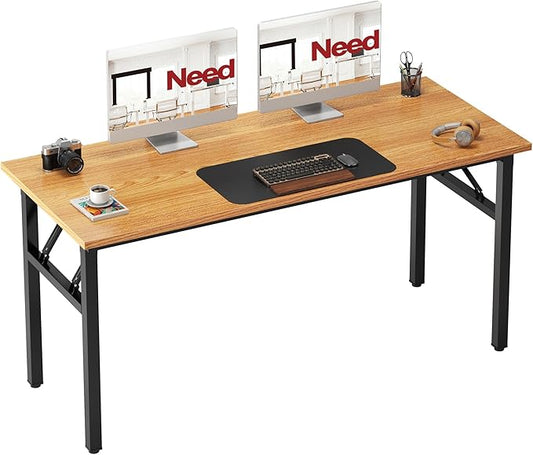 Need Office Computer Desk 54.3 Inch Sturdy Folding Laptop Table Teak | Black Frame Writing Gaming Work Table/Foldable Home Office Desk/Sewing Table, No Assembly Required by Need