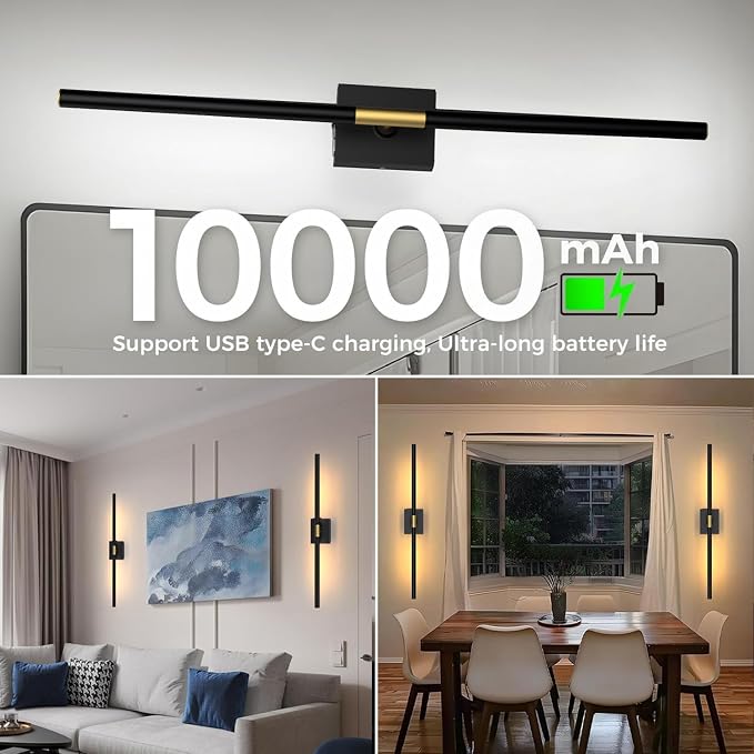 iThird Battery Operated Wall Sconces Set of 2: 10000mAh Rechargeable Wall Lights with Remote Control, 360° Rotate Wireless Wall Scone Decor for TV/Mirror Bedroom Living Room, 31.5 Inch, Black - Image 4