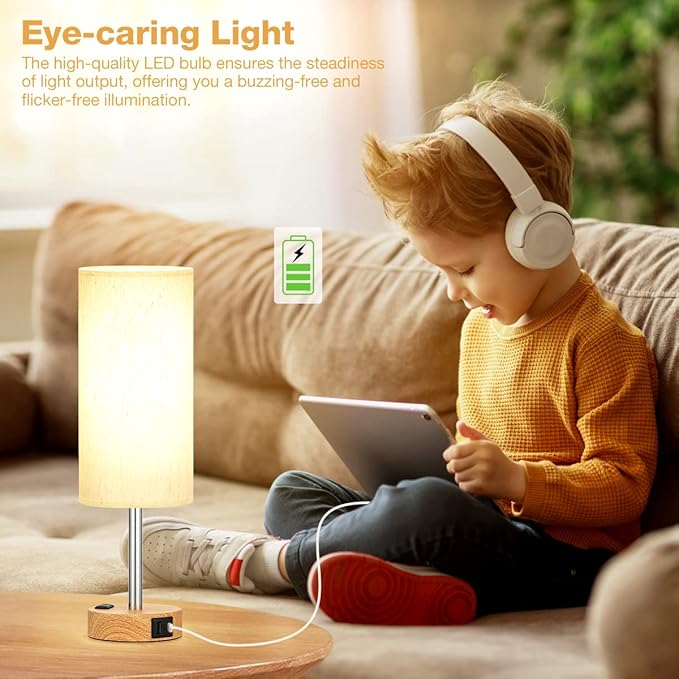 Fenmzee Bedside Table Lamp for Bedroom - Dimmable Touch, USB A+C, AC Outlet | 3-Way Dimmable, LED Bulb Included, Fabric Lampshade, Wood-Grain Metal Base, 14" Small Nightstand Lamp for Desk, Living Room - Image 6