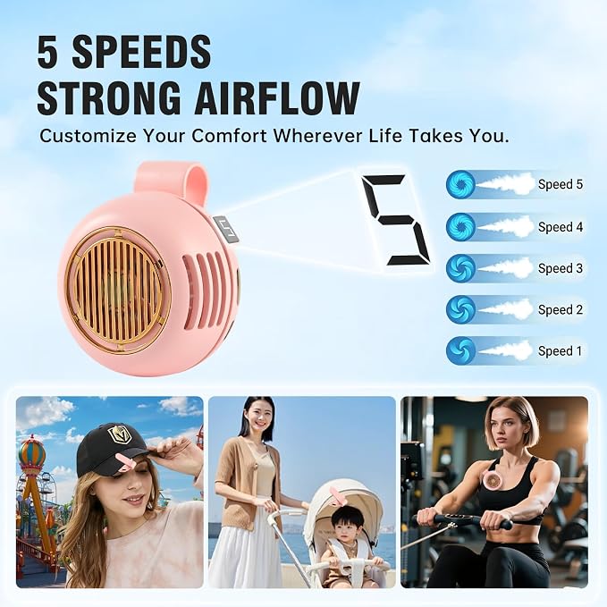Wearable Waist Fan Rechargeable, 360° Rotating Clip-On Personal Fan 5-Speed Bladeless Portable Cooling Fan for Shirt, Outdoor Work, Construction, Camping, Gardening,Office, Travel Essentials Cute Pink - Image 4