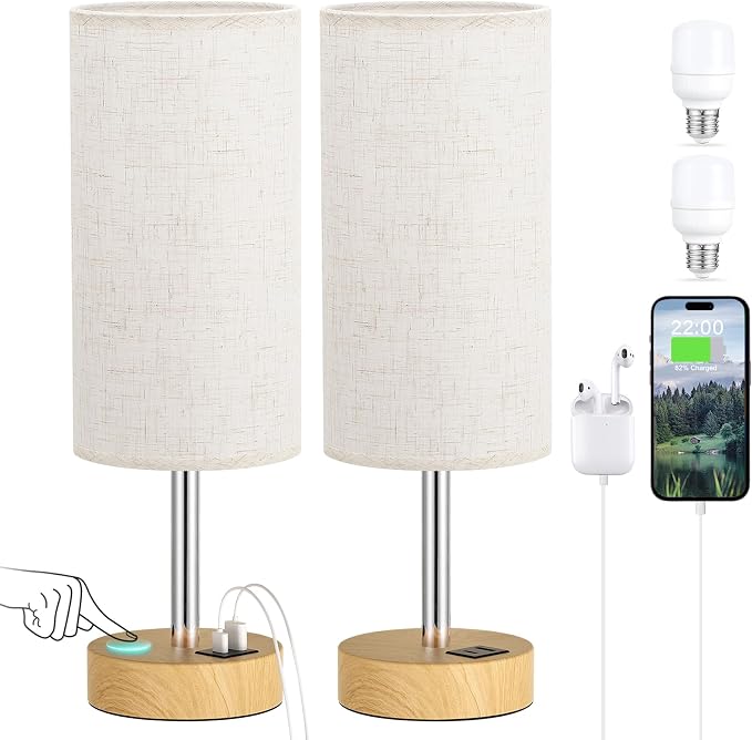 Dicoool Bedside Table Lamp Set of 2-3-Way Dimmable Touch Lamp, USB A+C | LED Bulb Included, USB C+A Charging Ports, Cream Fabric Lampshade, Metal Base, 14" Small Lamps for bedroom, Living Room - Image 9