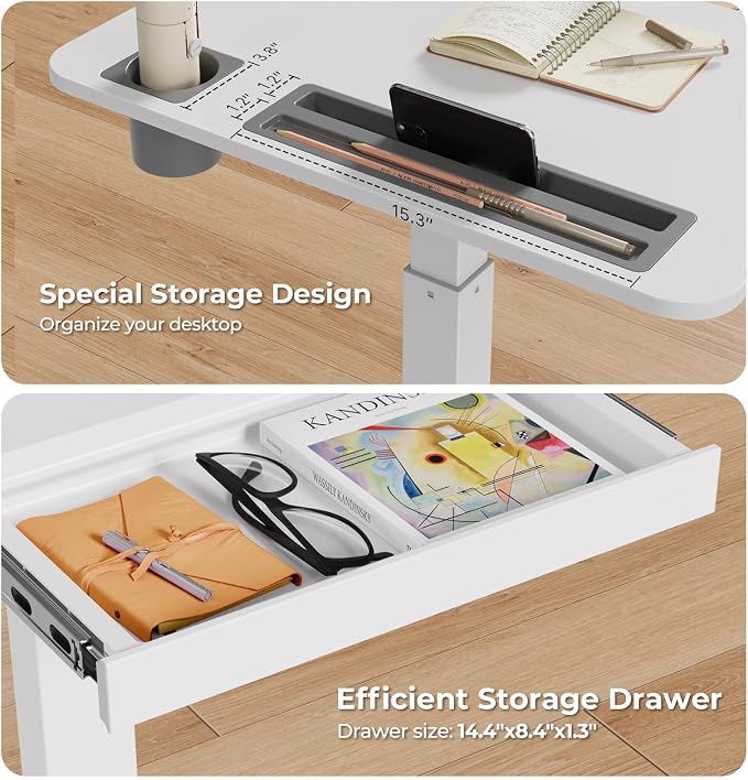 28" Mobile Standing Desk with Drawer, Portable Laptop Desk | Rolling Desk with Cup Holder & Hooks, Height Adjustable Computer Cart on Wheels for Classroom, Study Desk with Storage, White - Image 4