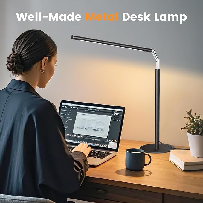 SIBRILLE Metal LED Desk Lamp, 16" Dimmable Desk Light with Base, 15W 1200LM, Adapter Included, Color & Brightness Adjustable, Modern Tall Table Lamp for Home Office Reading Study Task Laptop, Black - Image 6