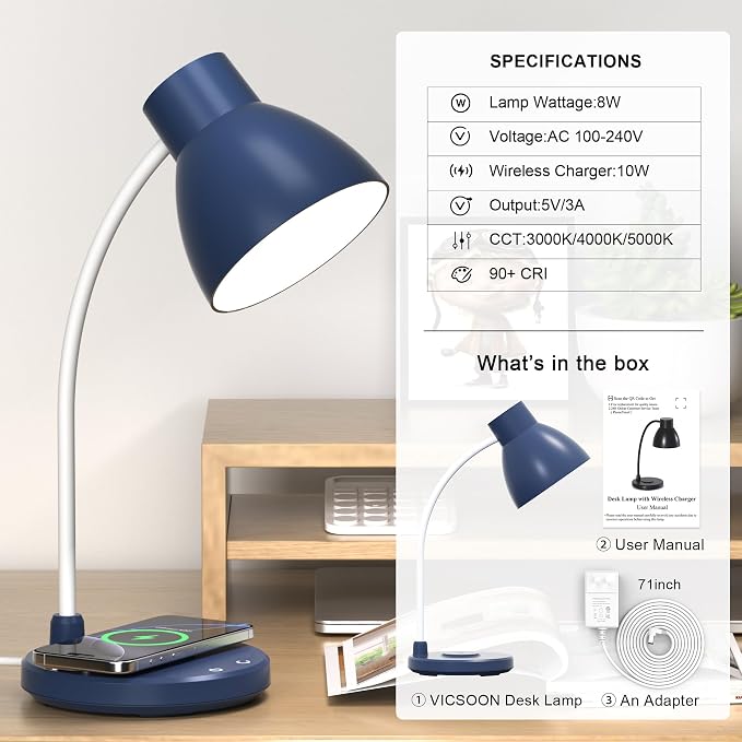 LED Desk Lamp for Home Office with Wireless Charger, Navy Blue | 3 Color Modes Dimmable Eye-Caring Study Reading Dorm Desk Lamp, 360° Flexible Arm Table Lamp for College Dorm Room, 800 Lumen - Image 9