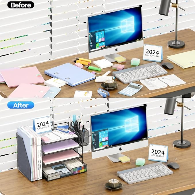 OPNICE Desk Organizers and Accessories, 4-Tier Desktop File Organizer with Drawer and Pen Holders, Office Desk Accessories Workspace Organizers for Office Supplies (Black) - Image 3