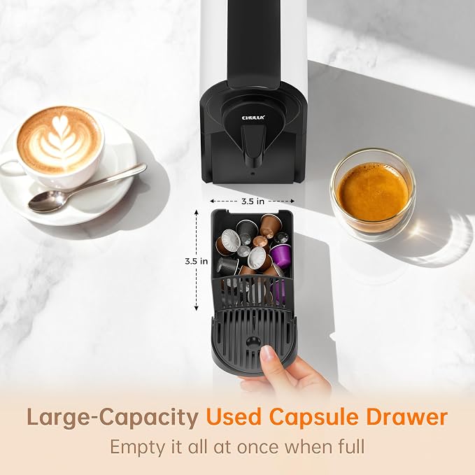 CHULUX Bafè-Pro Espresso Machine for Nes Original Pods, Fast Brewing, White | 1400W Rapid Heating, Espresso Lungo Buttons, Used Capsule Drawer, Auto-Eject System, 24oz Removable Reservoir, Mini Footprint - Image 6