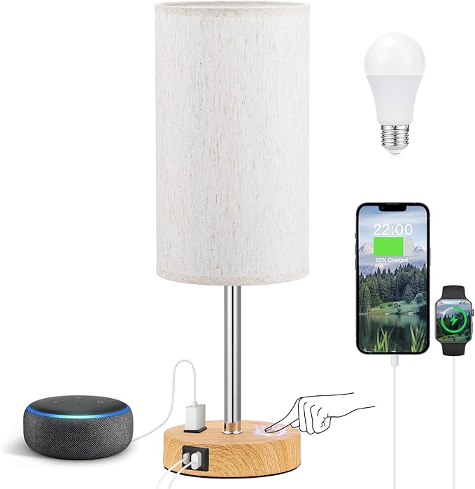 Fenmzee Touch Table Lamp - Cream, 3-Way Dimmable, USB A + C Charging, AC Outlet, 17.4inch Medium, Wood Grain Base by Fenmzeelighting