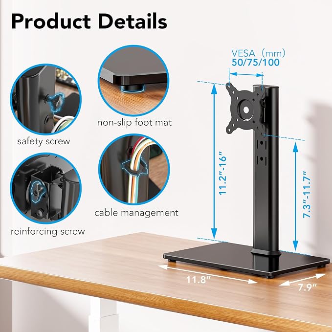 AX WABER Single Monitor Desk Stand Free-Standing Desk Mount Arm Riser for 13 inch to 32 inch Screen Freestanding VESA Mount Base, Adjustable Height, Tilt, Swivel, Rotation, Black AX05TB01 - Image 7