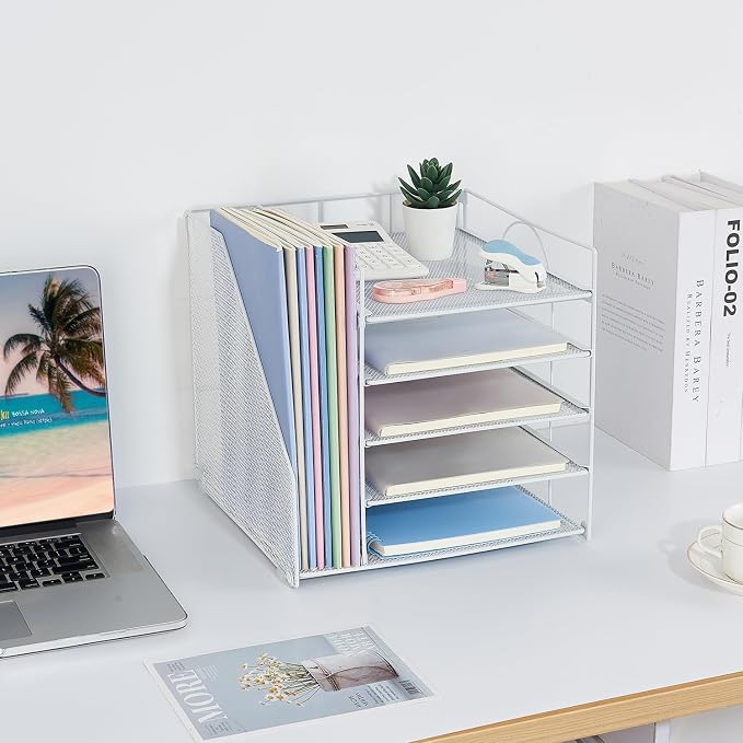 LEKETREE Desk Organizers and Accessories, 5-Tier Paper Letter Tray Organizer with File Holder, Desktop Organizer for Office Supplies (White) - Image 4