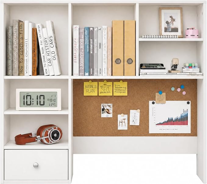 Desk Hutch Dorm with Cork Board, Shelves and Drawer | Desktop Bookshelf for College Dorm, Student Bedroom, White - Image 9