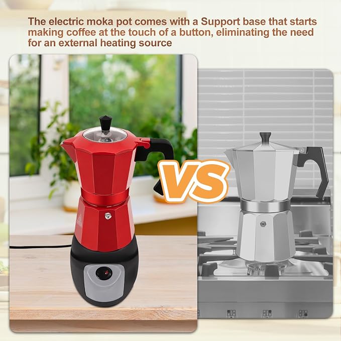 Electric Aluminum Moka Pot 3-6 Cup 150-270ml Espresso Maker | with Detachable Base Ideal Coffee Makers for Home MochaPot Italian and Cuban Café Coffeemaker Espressomaker CoffeePot Red - Image 5