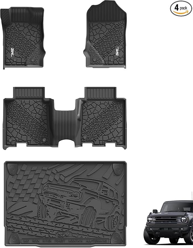 3W Floor Mats & Cargo Liner Fit for 2021-2025 2026 Ford Bronco 4 Door, TPE All Weather Custom Fit Floor Liner 1st 2nd Row and Full Set Trunk Mats, Black (Not for Bronco Sport & Rubberized Floor) by 3W
