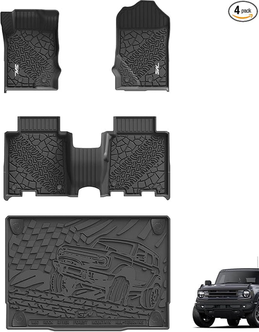 3W Floor Mats & Cargo Liner Fit for 2021-2025 2026 Ford Bronco 4 Door, TPE All Weather Custom Fit Floor Liner 1st 2nd Row and Full Set Trunk Mats, Black (Not for Bronco Sport & Rubberized Floor) by 3W