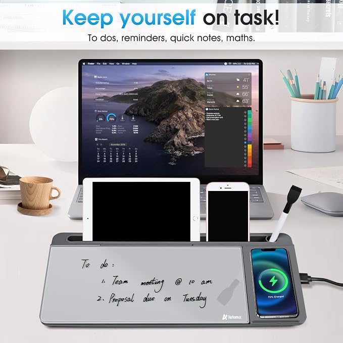 Varhomax Glass Desk Whiteboard with Wireless Charger, Desktop Dry Erase White Board with Storage, to Do List Memo Notepad for Home and Office (Gray) - Image 7