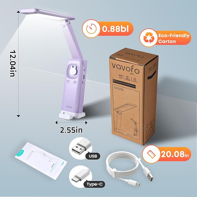VAVOFO Cute Bunny Desk Lamp, Foldable LED Rechargeable Table Light, Eye-Caring Reading Lamp, 3 Color Modes & Dimmable, for Kids Girls Bedroom Study Dorm Room（Purple） - Image 7