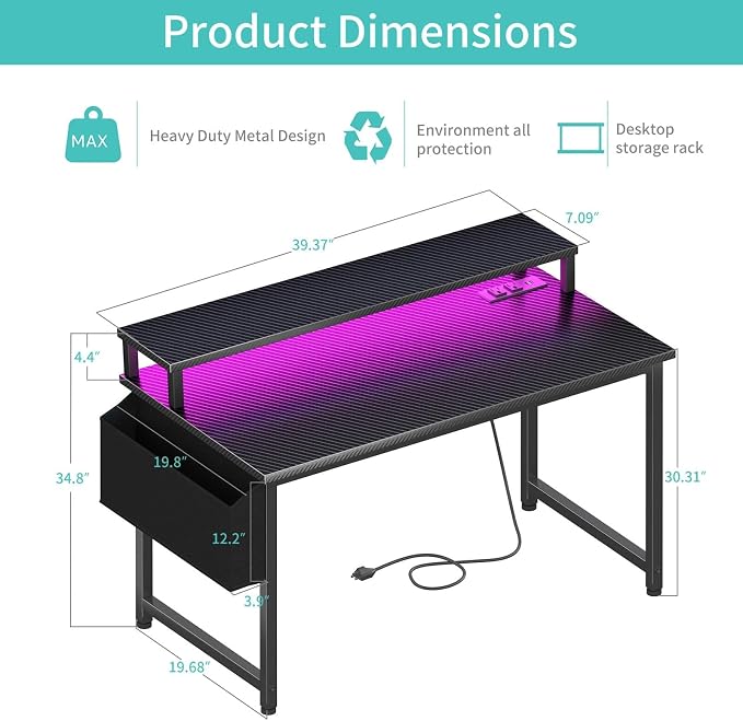 Lufeiya Gaming Desk with Power Outlets and LED Lights, 40 Inch Gamer Desk Table with Charging Station, Home Office Computer Desks with Monitor, Black - Image 3