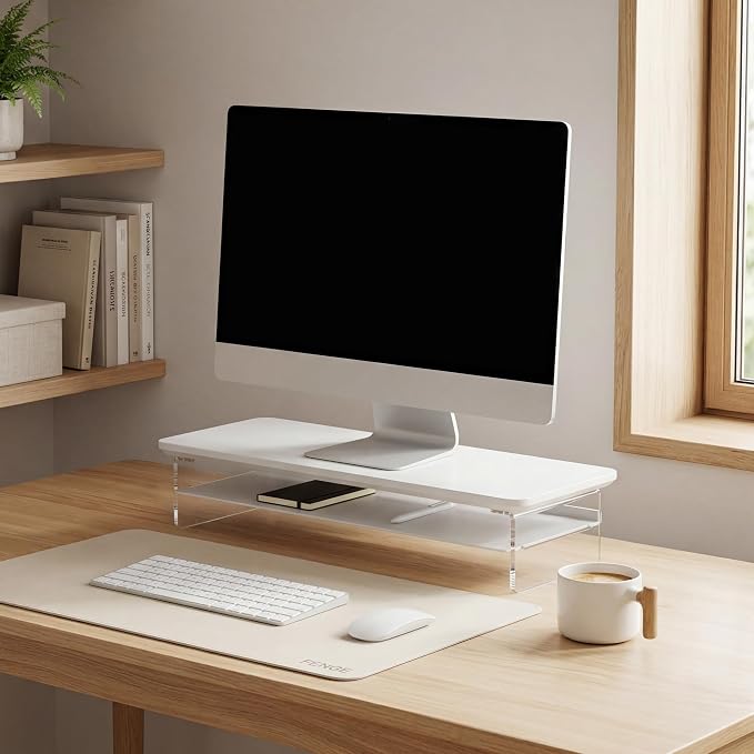 Fenge 23.6" Monitor Stand with Clear Acrylic Legs, White | Clear acrylic, storage compartment, 2-tier home office monitor riser, wide large desktop shelf fit monitor/laptop/printer - Image 7