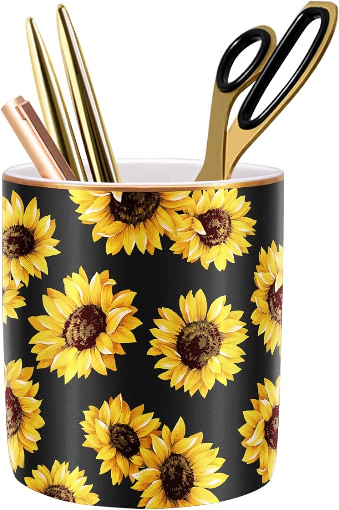 Pen Holder, Cute Pencil Holder for Desk, Makeup Brush Holder Floral Pattern, Pencil Cup for Girls Women, Durable Ceramic Desk Organizer Flower Decor for Office, Classroom, Sunflower by WAVEYU