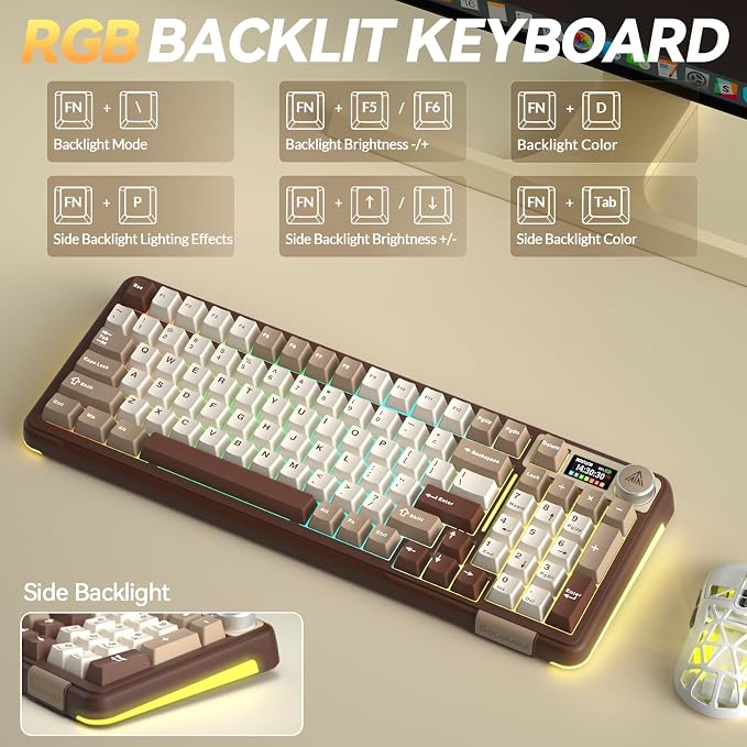 SOLAKAKA A99 Pro Mechanical Keyboard with LCD Screen & Metal Knob, Wireless Gaming Keyboard with BT5.0/2.4GHz/USB-C, Hot Swappable Creamy Keyboard, Gasket Structure, RGB Backlit, for Win/Mac - Image 8