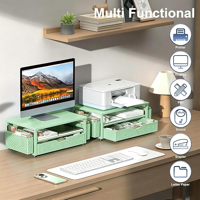 Spacrea Desk Organizer and Accessories, Computer Monitor Stand Riser with Drawer and 2 Pen Holders, Office Desk Accessories & Workspace Organizers for Office Supplies (Sage Green) - Image 6