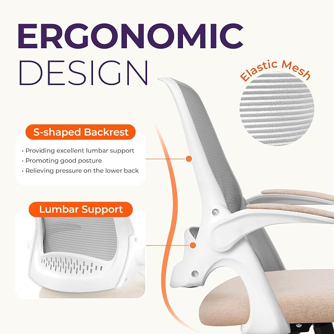 NEO CHAIR Office Desk Gaming Ergonomic Computer Chair with Lumbar Back Support Adjustable Height Swivel Rolling Wheels Flip-up Arms Mesh Chair for Home Vanity (Beige) | Lumbar Support, Height Adjustment, 360° Swivel and Rolling Base, Space-Saving Desig... - Image 3