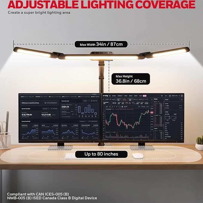 Honeywell Wide Desk Lamp with Clamp for Dual Monitors, 22W Full-Spectrum Eye-Caring LED Desk Lamp for Home Office, 3-Section Adjustable Architect Light for Large Desk, Stepless Dimming, 3000K-5700K - Image 2