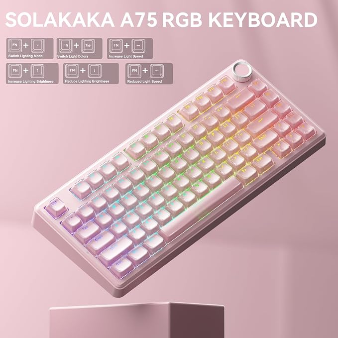 SOLAKAKA A75 Wireless Gaming Keyboard with Multifunction Knob, BT5.0/2.4GHz/USB-C, 75% Mechanical Keyboard, Hot-Swappable, Gasket Creamy Keyboard with RGB Backlit, Crystal Keycaps, for PC/Mac/PC - Image 6