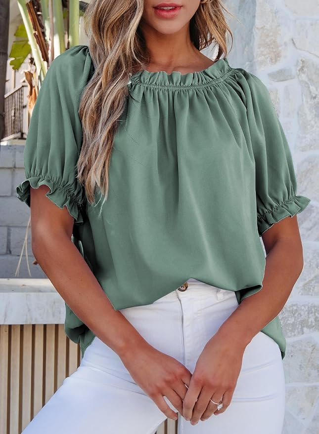 EVALESS Womens Tops Off The Shoulder Blouses for Women Dressy Casual Cute Puff Sleeve T Shirts Fashion 2026 - Image 2