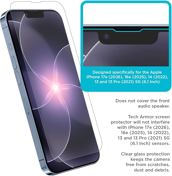 Tech Armor for Apple iPhone 17E Screen Protector,iPhone 16E, iPhone 14, 13 and 13 Pro Tempered Glass 6.1 Inch - Ballistic, Case Friendly, Easy Install, Sensor Protection, HD, 9H Hardness - 3 Pack - Image 3