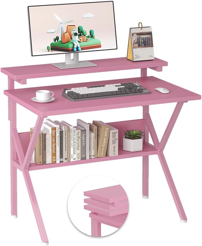 COTUBLR Small Desk, 27.5 Inch Small Computer Desk for Spaces, Computer Desks with Adjustable Monitor Stand, Compact Desks with Storage, Tiny Study Table for Bedroom Home Office, Pink by COTUBLR