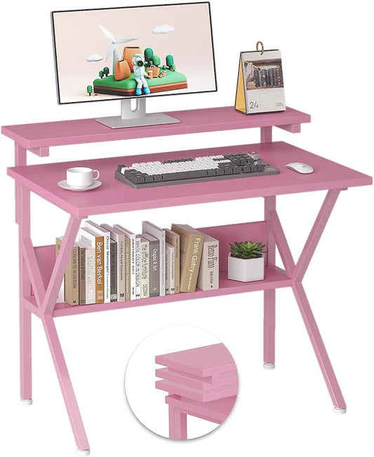 COTUBLR Small Desk, 27.5 Inch Small Computer Desk for Spaces, Computer Desks with Adjustable Monitor Stand, Compact Desks with Storage, Tiny Study Table for Bedroom Home Office, Pink by COTUBLR