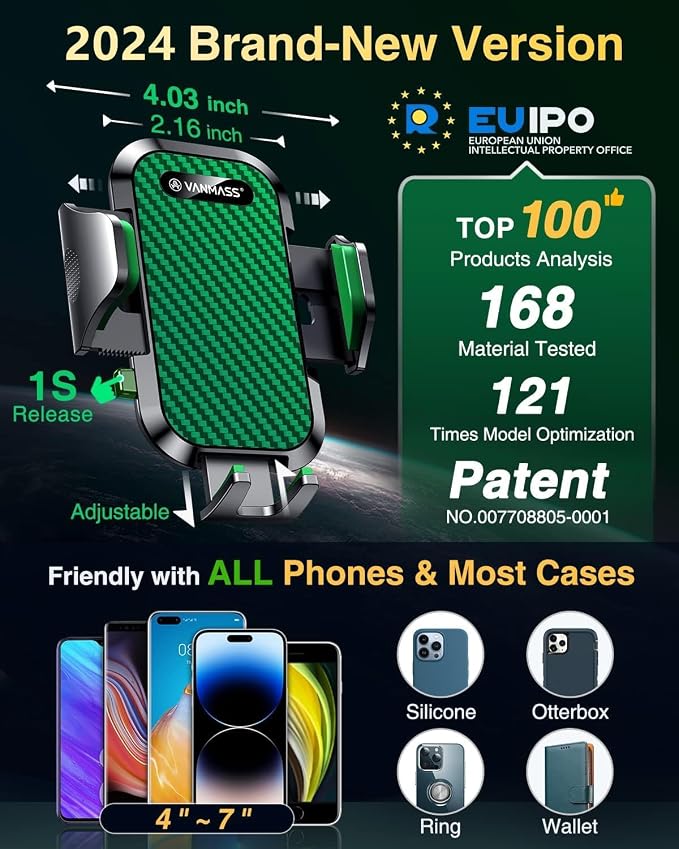 VANMASS Phone Holders for Your Car 2026 Ultimate Phone Mount Military-Grade Windshield Dashboard Vent【Newest Best Strongest】 Cell Phone Car Mount for iPhone 16 Pro Max 15 Samsung Android,Green - Image 5