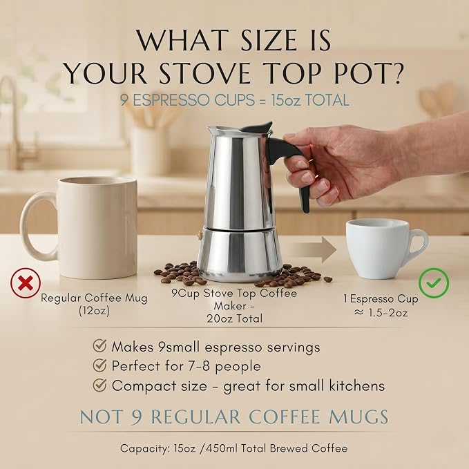 Mixpresso 9 Cup Greca Moka Pot, Stainless Steel Stovetop Espresso Maker | 15oz/450ml Italian stovetop coffee maker with classic percolator design, ideal for preparing coffee at home or while camping - Image 5
