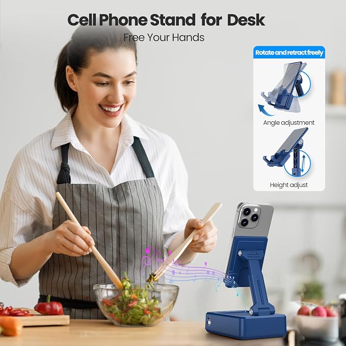 JTEMAN Cell Phone Stand with Bluetooth Speaker and Charging Function, HD Sound Adjustable Phone Holder, Birthday Gifts for Men Women, Cool Tech Kitchen Gadgets for All Phones,Tablet (Blue) - Image 4