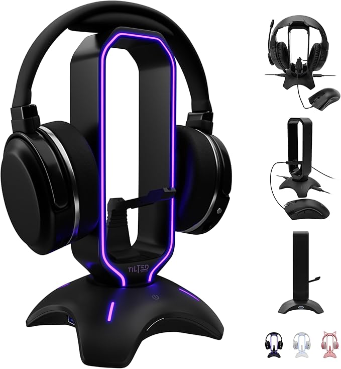 Tilted Nation Gaming Headset Stand | RGB Headphone Stand for Desk with Mouse Bungee and USB Hub (Cool and Clean Setup) Gaming Headset Holder - Perfect Gamer Gift Accessory by TiltedNation