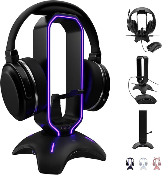 Tilted Nation Gaming Headset Stand | RGB Headphone Stand for Desk with Mouse Bungee and USB Hub (Cool and Clean Setup) Gaming Headset Holder - Perfect Gamer Gift Accessory by TiltedNation