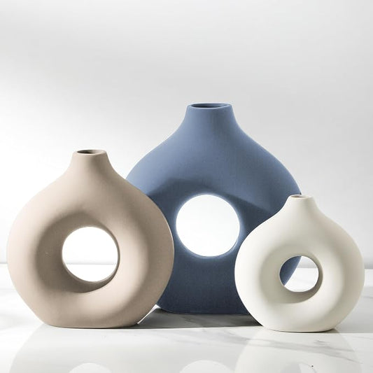Vanselia Ceramic Vase Home Table Decor - Flower Vases Set of 3 Small Living Room Centerpiece Decorations for Shelf Bedroom Office Kitchen Dining Desk Modern Aesthetic Farmhouse Decorative (Blue) by VanseliaHome