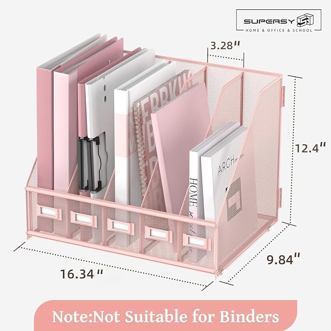 SUPEASY Desk Organizers Metal Desk Magazine File Holder with 5 Vertical Compartments Rack File Organizer for Office Desktop, Classroom, Home Workspace, Pink - Image 3