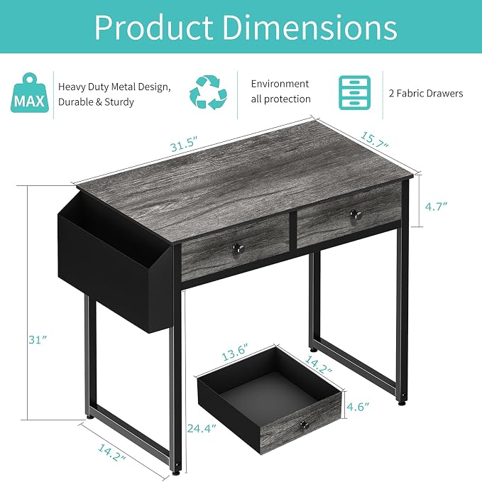 Lufeiya Small Desk with Drawers - for Bedroom, 32 Inch Home Office Computer Desk with Fabric Storage Drawer and Bag, Study Writing Table for Small Spaces, Gray - Image 3