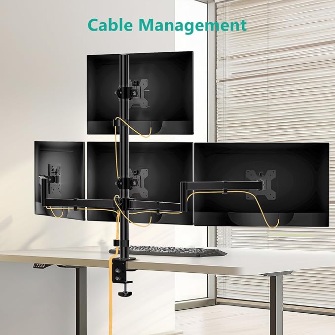 WALI Quad Monitor Mount for 13-27 Inch Screens, Fully Adjustable 4 Monitor Stand with Swivel, Tilt, Rotation, Clamp & Grommet Base Kit, Max Load 22lbs per Screen (M004S), Black - Image 6