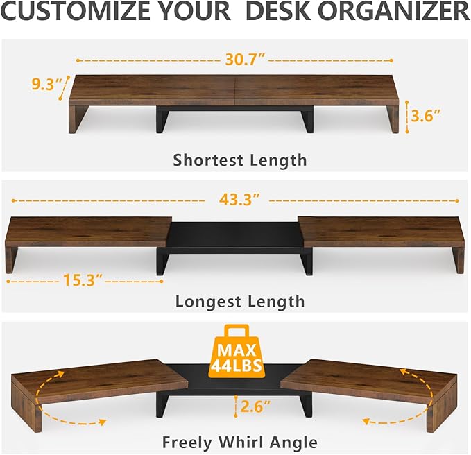 TAVR Dual Monitor Stand Riser, Wooden Computer Monitor Stand for 2 Monitors | Extra Long Multifunctional Desktop Organizer Riser for TV, PC Monitor, Laptop, Printer, Max 43.3" Length, Rustic Brown - Image 3