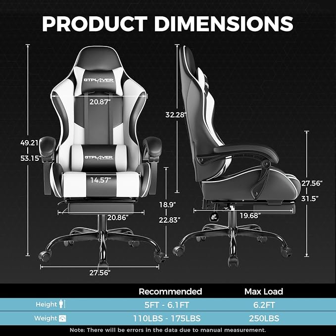 GTPLAYER Gaming Chair, Computer Chair with Footrest and Lumbar Support, Height Adjustable Game Chair with 360°-Swivel Seat and Headrest and for Office or Gaming (Pearl White) - Image 3