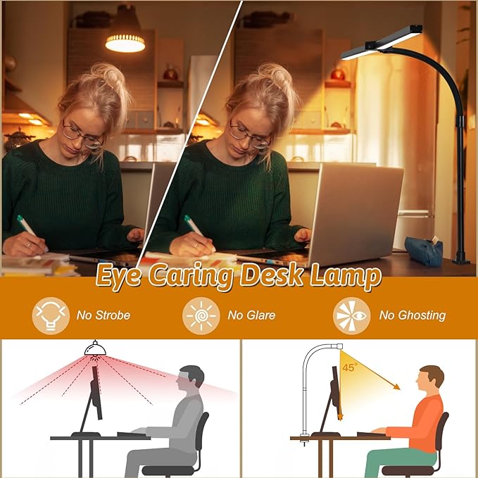 LED Desk Lamp with Base, 18W Dimmable Light, No Remote | 18W Dimmable Eye-Caring Clamp Light with Anti-Glare Cover and Flexible Gooseneck for Office, Dorm, Home and Study - Image 4
