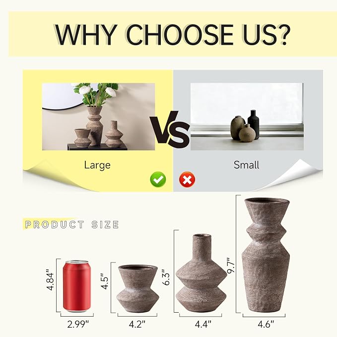 Ceramic Vase Home Table Decor - Brown Flower Vase Set of 3 Living Room Kitchen Decorations Farmhouse Modern Rustic Vases Decorative Centerpiece for Shelf Bedroom Office Bathroom Dining Coffee Desk - Image 2