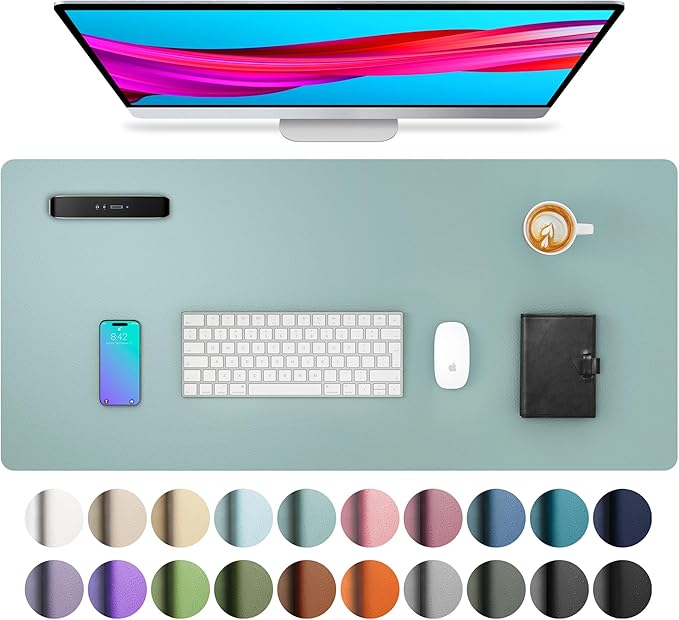 Aothia Leather Desk Pad Protector, Mouse Pad, Office Desk Mat, Non-Slip PU Leather Desk Blotter, Laptop Desk Pad, Waterproof Desk Writing Pad for Office and Home (23.6" x 13.7", Light Blue) by AothiaSimpleNaturalUnique