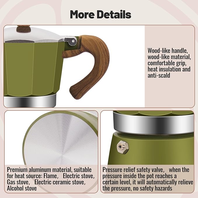 9 Cup Aluminum Moka Pot Classic Stovetop Espresso Coffee Maker 450ml 15oz Coffeemaker Percolator Mocha Pot Greca Coffee Maker Cafe Makers for Italian and Cuban Café Brewing Green - Image 5