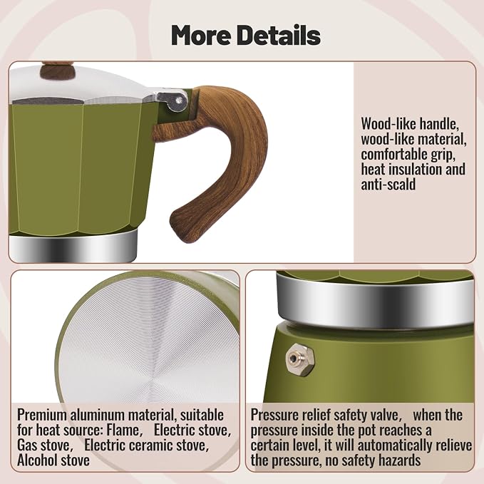 6 Cup Aluminum Moka Pot Classic Stovetop Espresso Coffee Maker 300ml 10oz Coffeemaker Percolator Mocha Pot Greca Coffee Maker Cafe Makers for Italian and Cuban Café Brewing Green - Image 5