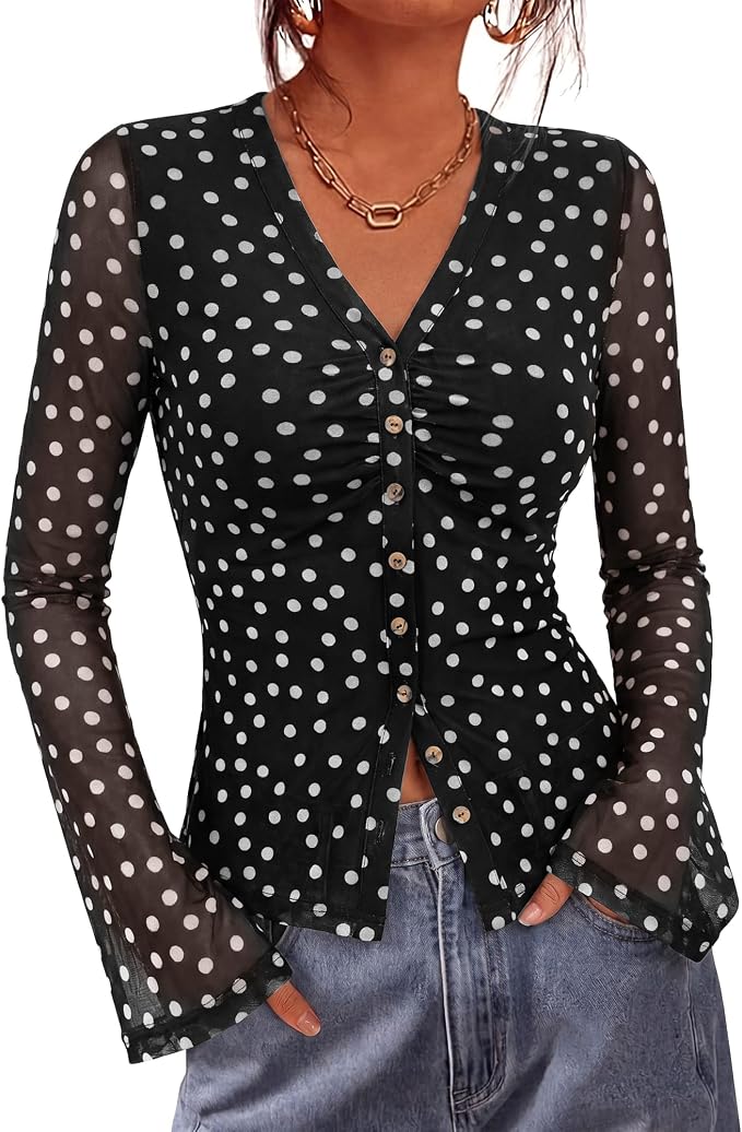 BTFBM Button Down Shirts for Women 2026 Fall Boho Tops V Neck Long Sleeve Blouses Ruched Mesh Fitted Fashion Clothing by BTFBM