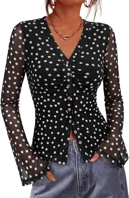 BTFBM Button Down Shirts for Women 2026 Fall Boho Tops V Neck Long Sleeve Blouses Ruched Mesh Fitted Fashion Clothing by BTFBM