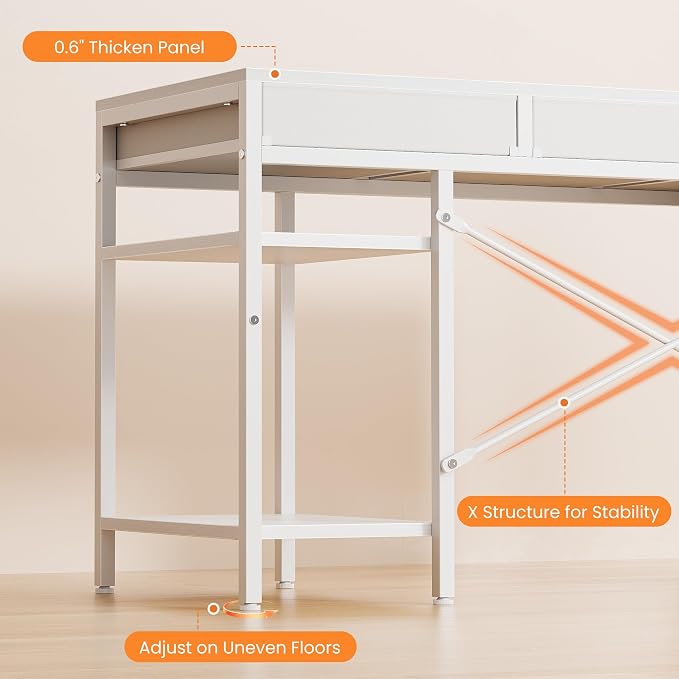 Sweetcrispy 55" Computer Desk with 6 Fabric Drawers & Storage Shelves | Reversible Gaming Desk, Office Desk, Computer Workstation, Corner Desk with Storag, Home Office, Living Room, White - Image 8